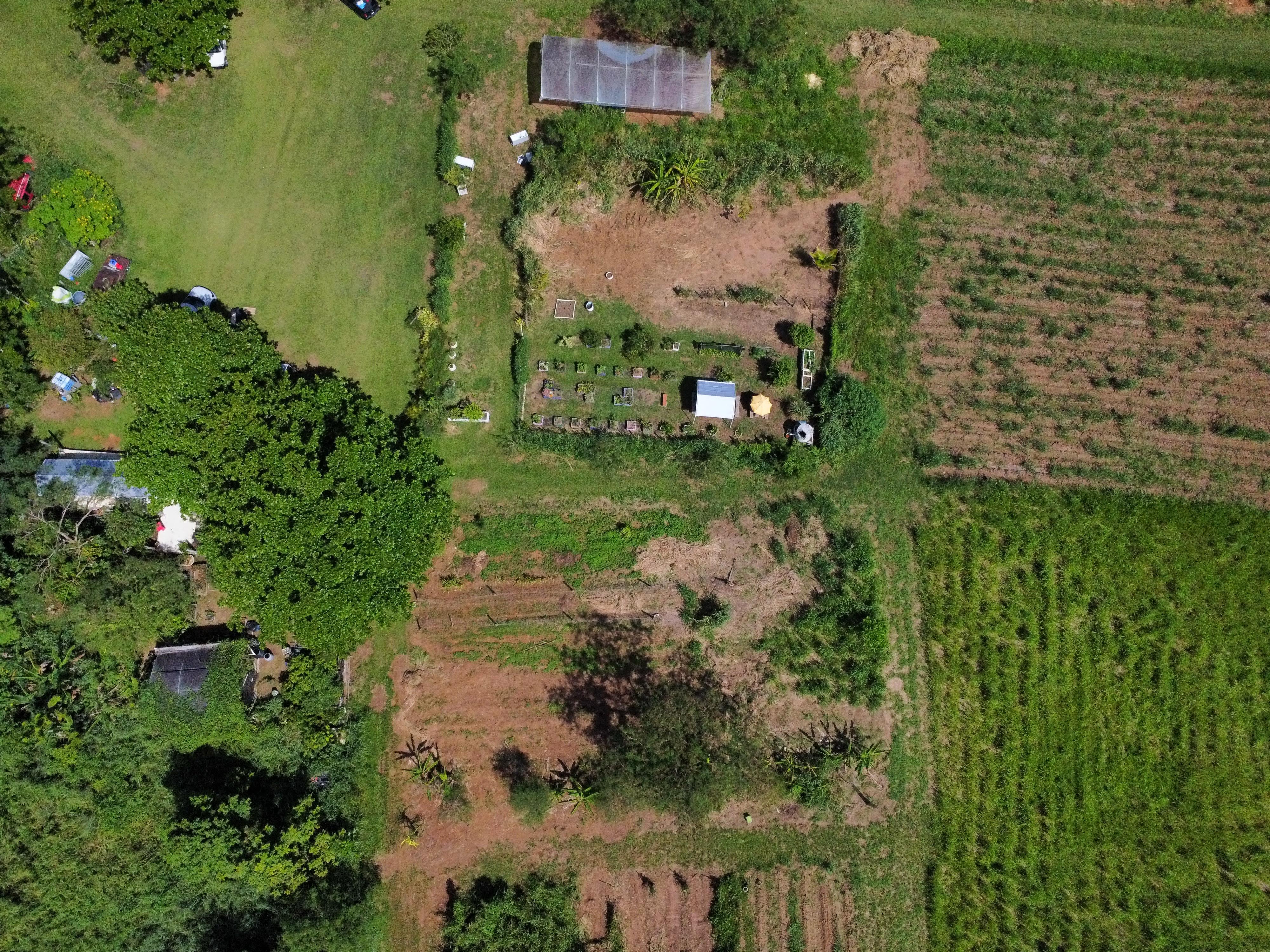 Vista cenital de finca con invernadero y parcelas de cultivo